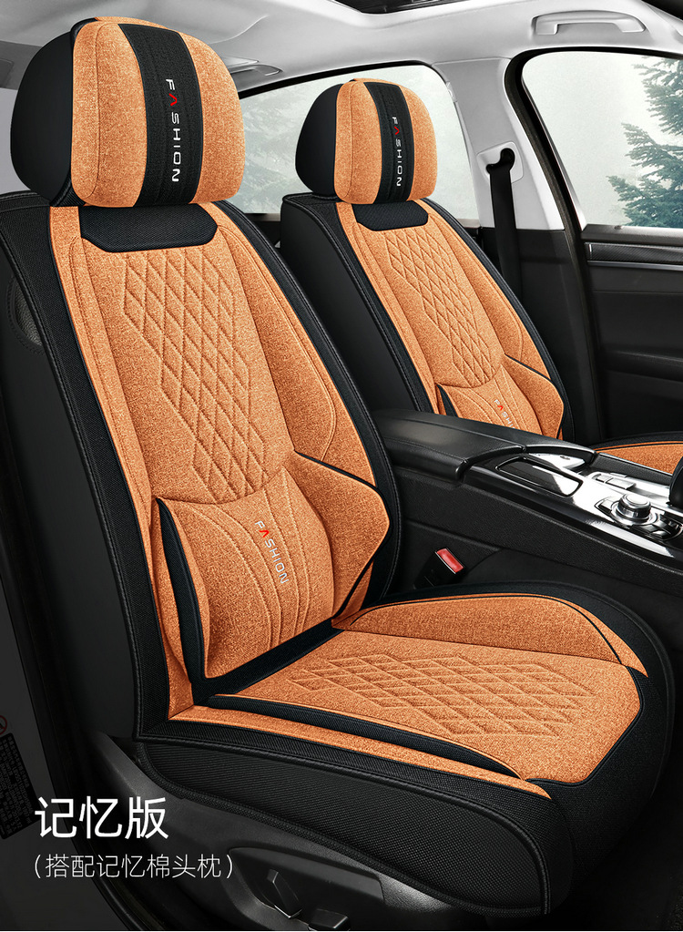 L5U Fully Enclosed Breathable Seat Cushion Cover Linen Fabric Car Seat Cover Full Set for Five Seats in the Car All-Season Car Seat Cushion