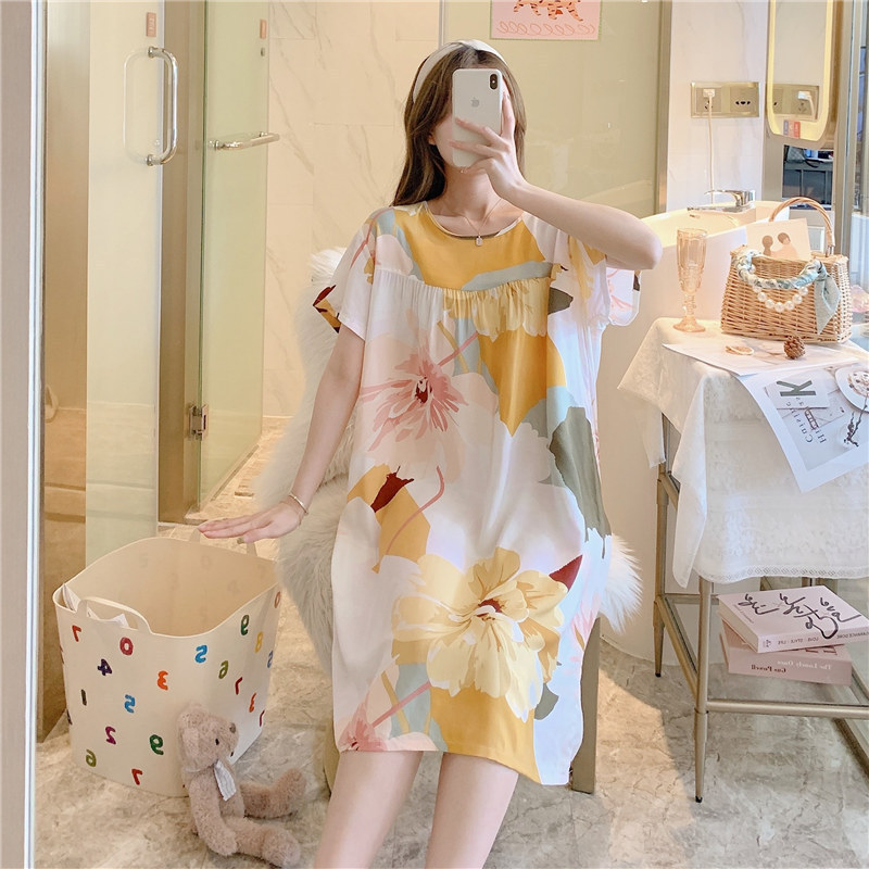 Cotton Silk Nightgown Women's Summer Thin Short-sleeved Cartoon Printed Pajamas Internet Celebrating Live Explosions plus size Spring and Autumn Home Clothes