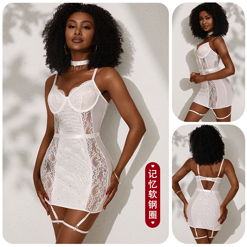 Aliexpress Hot-Selling Memory Foam Underwire Lace Nightgown See-Through Mesh Hip-Hugging Dress with Leg Rings Sexy Lingerie 8161