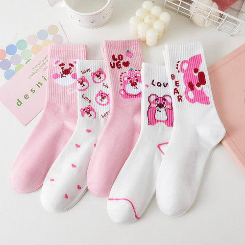 Socks for women, autumn and winter mid-calf socks, spring cute cartoon strawberry bear ins fashion long socks, sports student socks wholesale