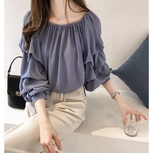 New Korean Style One-Line Collar Off-Shoulder Chiffon Shirt for Women, Loose Puff Top, Slimming Solid Color Bottoming Shirt