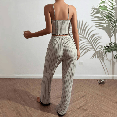 Hot-selling European and American style home wear, ribbed heart-shaped camisole pajamas for women, with long pants, two-piece set.