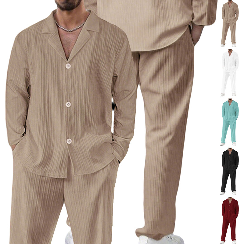 Nuevo transfronterizo de verano para hombres nuevo color sólido de mangas cortas camisa de mangas largas pantalones largos sueltos traje casual