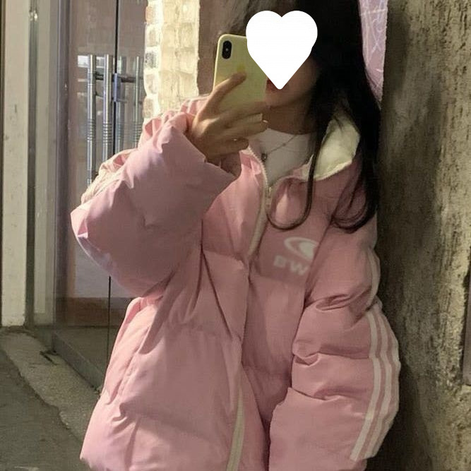 韩版甜美风印花粉色棉服外套女冬季新款学生拼接条纹保暖面包服潮