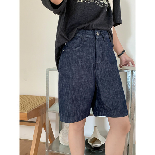 GAGD Retro Denim Color Hempen Women's Summer Thin Casual Straight Leg 5-inch Denim Pants