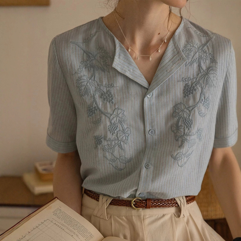 French-Style Retro Blue Three-Dimensional Embroidered Short-Sleeve Shirt for Women, Summer 2026 New Design Striped Turn-Down Collar Top