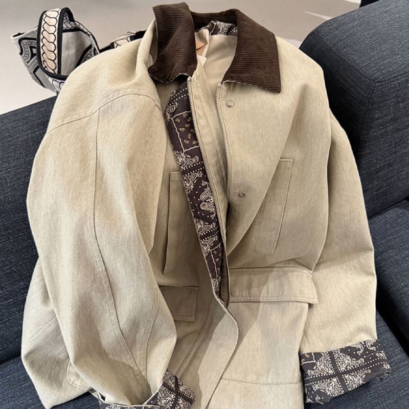 Old Money Style Contrasting Color Stitching Lapel Windbreaker Jacket for Women Autumn 2025 New Retro Casual Elegant Mid-Length Jacket