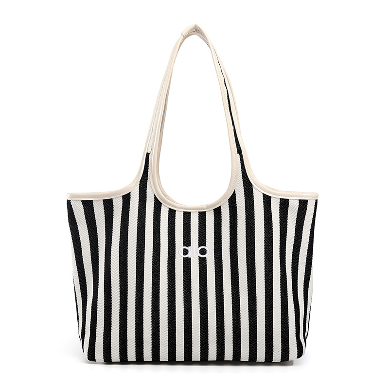 Cross-Border Women's New Artistic Tote Bag, Striped Large Capacity Shoulder Bag, Canvas Commuter Handbag - Thumbnail 6