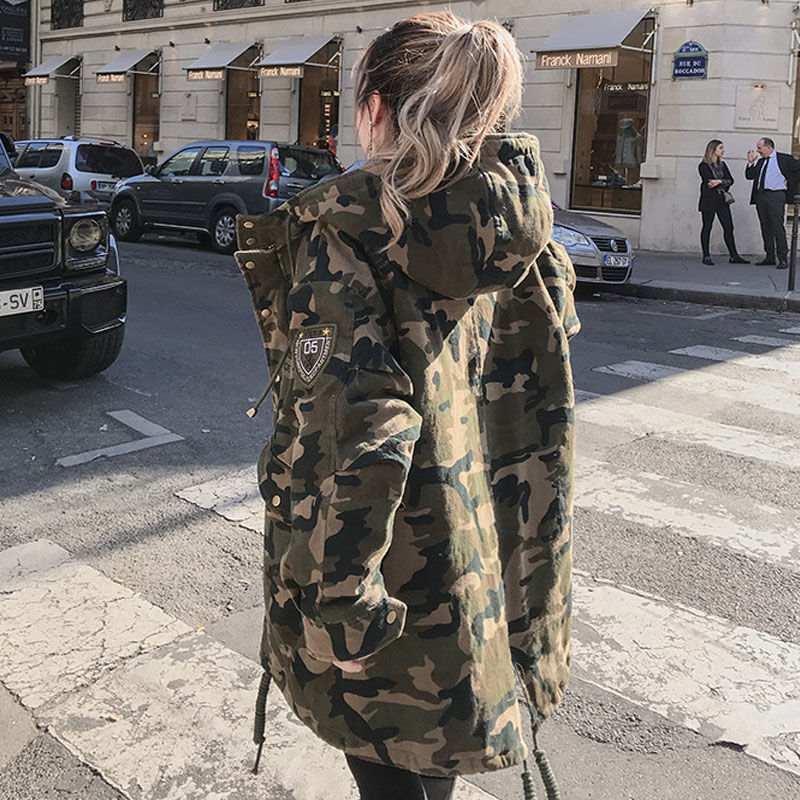 Autumn and Winter New Camouflage Cotton Work Jacket Women's Mid-Length Casual Loose Hooded Student Cotton Coat