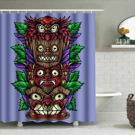 跨境浴帘免打孔夏威夷图腾柱复古风个性氛围感浴室装饰带12个挂钩