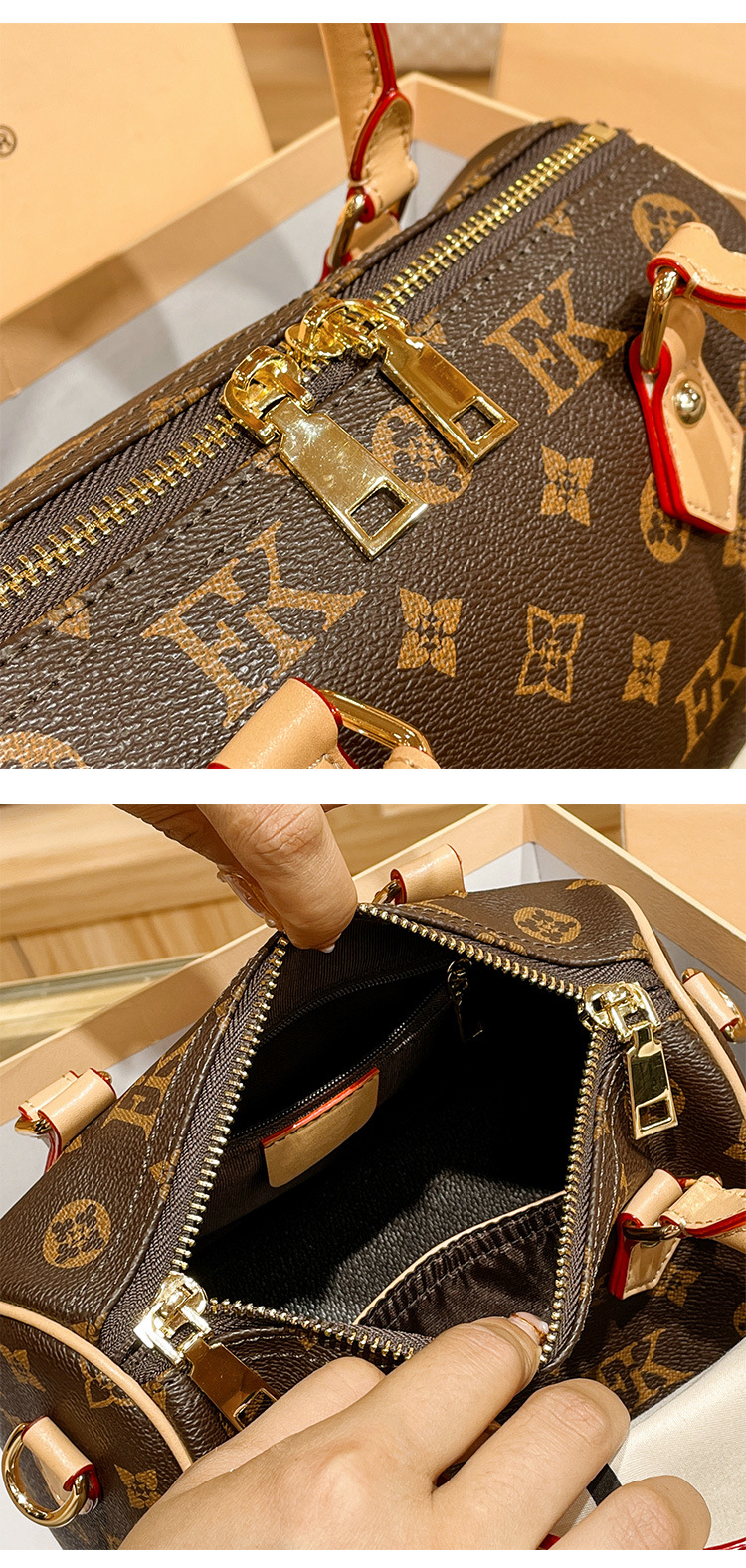 Túi xách tay đeo chéo da thật nữ kiểu Boston monogram — Màu nâu size nhỏ 17cm, Màu nâu cỡ vừa 20cm, Màu nâu size lớn 25cm chi tiết 6