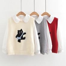 5828 圆领卡通小猫针织马甲背心+衬衫套装 春装 小清新针织衫上衣