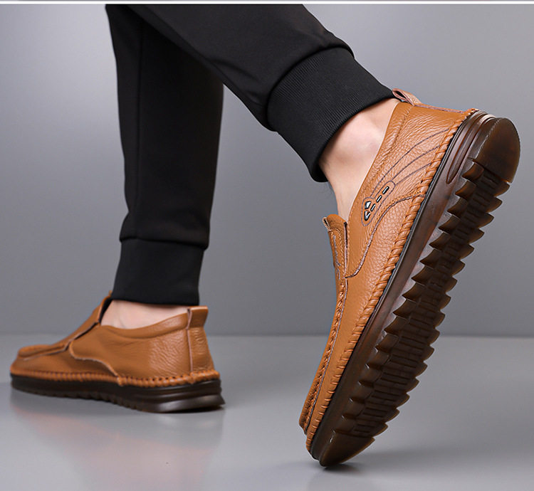 Giày lười nam da bò lớp đầu cỡ lớn, mũi tròn, đế bằng, phong cách casual — Màu nâu, Màu trắng ngà, màu đen chi tiết 24