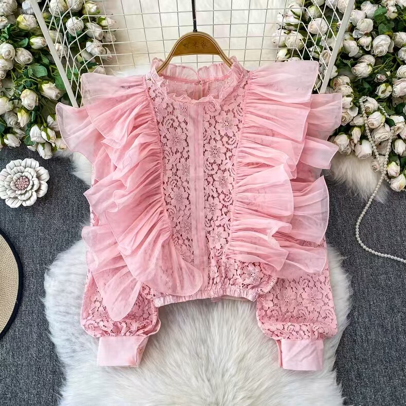 French-Style Lace Ruffle Long-Sleeve Top for Women 2025 New Hollow-Out Crochet Patchwork Chiffon Shirt Stylish Slimming Blouse French-Style Lace Ruffle Long-Sleeve Top for Women 2025 New Hollow-Out Crochet Patchwork Chiffon Shirt Stylish Slimming Blouse
