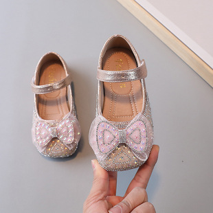 Girls Rhinestone Bow Princess Shoes 2024 Spring and Autumn New Children's Shoes Girls Leather Shoes Crystal Shoes Performance Shoes