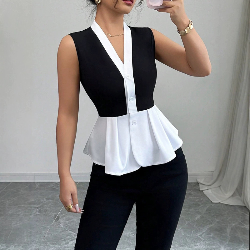 2026 European and American Style Elegant Black and White Patchwork Sleeveless Shirt, Slim Fit, Single-Breasted, Ruffled Hem, V-Neck Top 2026 European and American Style Elegant Black and White Patchwork Sleeveless Shirt, Slim Fit, Single-Breasted, Ruffled Hem, V-Neck Top