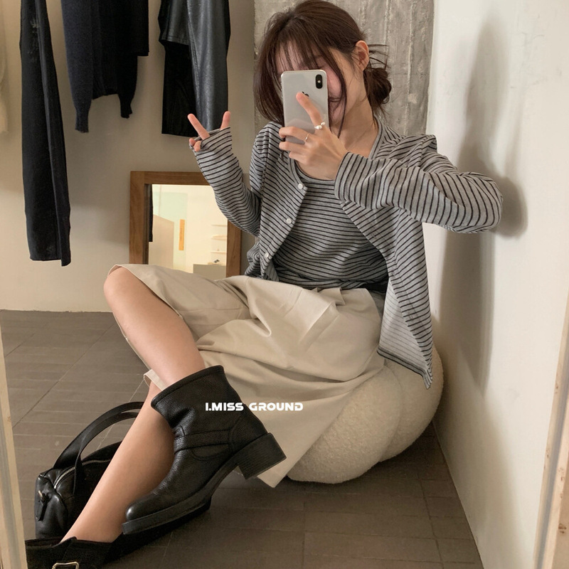 i miss2025秋季新款气质条纹针织开衫加内搭背心两件套女时尚套装|undefined
