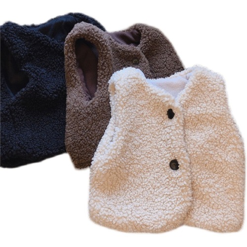 New Autumn/Winter Korean Style Girls' Lamb Wool Thick Warm Fleece Vest for Children, Japanese Baby, Simple Color