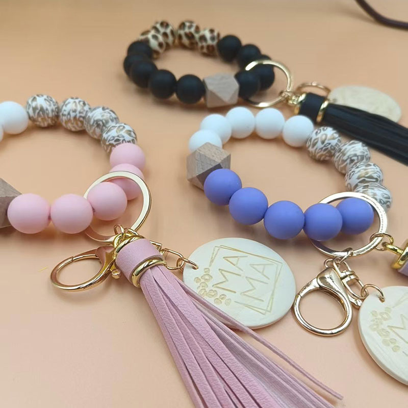 Amazon's Best-Selling Silicone Bead Bracelet Tassel Wood Bead Mama Wood Chip Wrist Keychain Bag Pendant Keychain
