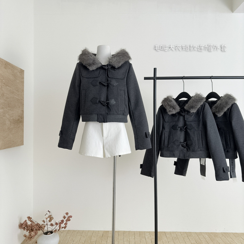 Retro College Style High-End Fur Collar Spliced ​​Woolen Coat Women's Short Hooded Jacket