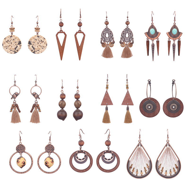 Pendientes de madera de estilo étnico pendientes de borla tejida a mano en forma de gota Vintage para mujer transfronteriza Amazon Nueva joyería de oreja