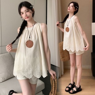 New Style Summer Clothes for Pregnant Women, Embroidered Shirts for Pregnant Women, Fashionable Outfits for Pregnant Women, Flesh-Covering Pleated Embroidered Doll Shirts
