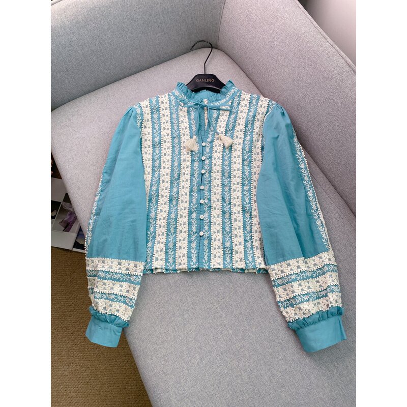 Instantly captivating~French lace embroidered vertical stripe V-neck shirt for women, light blue with tassel ties, long-sleeved top Instantly captivating~French lace embroidered vertical stripe V-neck shirt for women, light blue with tassel ties, long-sleeved top