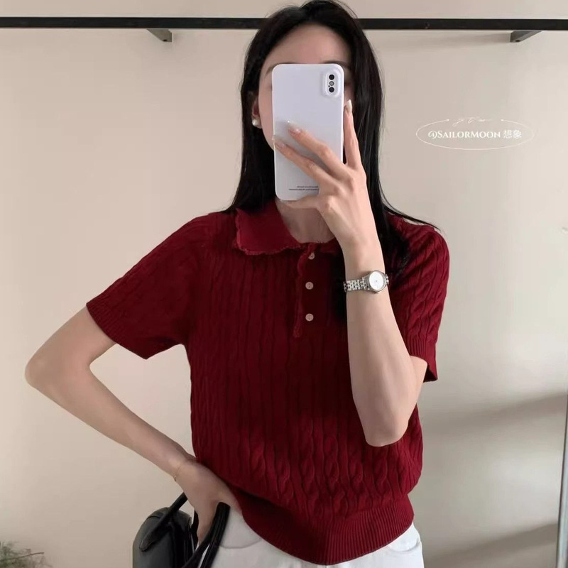 Korean-style Polo Collar Design Lace Stitching Twist Short-sleeved Sweater Old Qian Feng Age-reducing All-match Top for Women