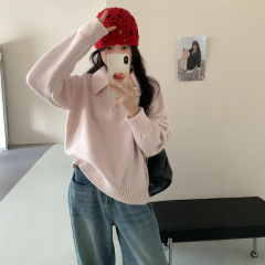 韩系简约温柔风翻领针织衫毛衣女秋冬新款宽松慵懒风套头甜美上衣