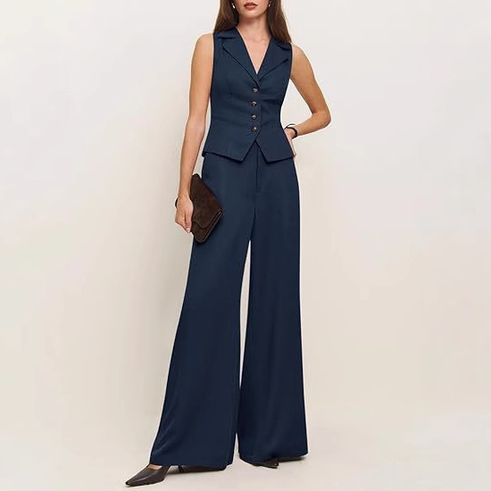 2025 Cross-Border European and American Style Vest Summer Two-Piece Button-Down Short Suit Vest and Wide-Leg Pants Suit