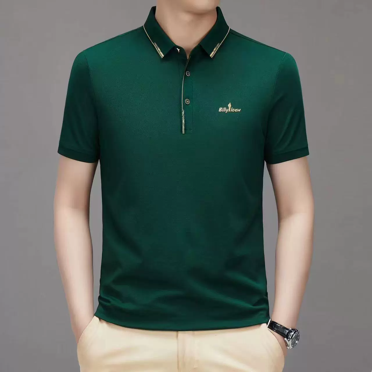 [Billy loew + Jade Silk] Легкая роскошная летняя мужская дышащая рубашка-поло с тонкими лацканами и короткими рукавами в наличии