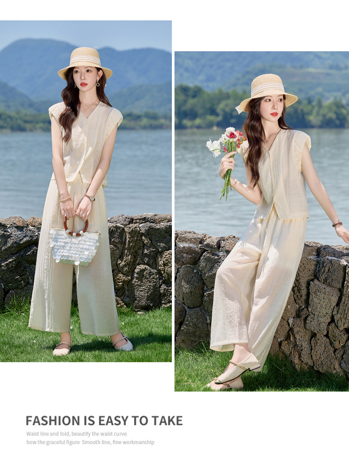 Bộ vest nữ hè 2025 áo sơ mi cổ V ôm quần ống thẳng hai mảnh LB2869 — màu xanh hải quân, Màu trắng nhạt chi tiết 18