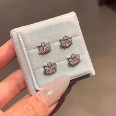 粉色锆石Kitty猫镂空耳骨钉钛钢防过敏百搭耳蜗钉可爱时尚耳饰