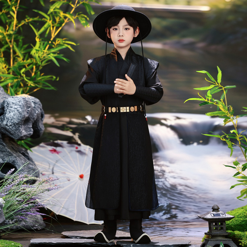 Ancient Style Super Cool Hanfu for Boys, Trendy Children's Black Martial Arts Style, Handsome Young Lord, Handsome Ancient Costume, Swordsman Style, Film and Television Photography Ancient Style Super Cool Hanfu for Boys, Trendy Children's Black Martial Arts Style, Handsome Young Lord, Handsome Ancient Costume, Swordsman Style, Film and Television Photography