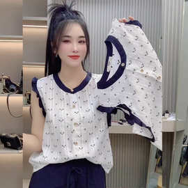 夏季法式波点无袖上衣女木耳边圆领短款显瘦背心T恤可一件代发