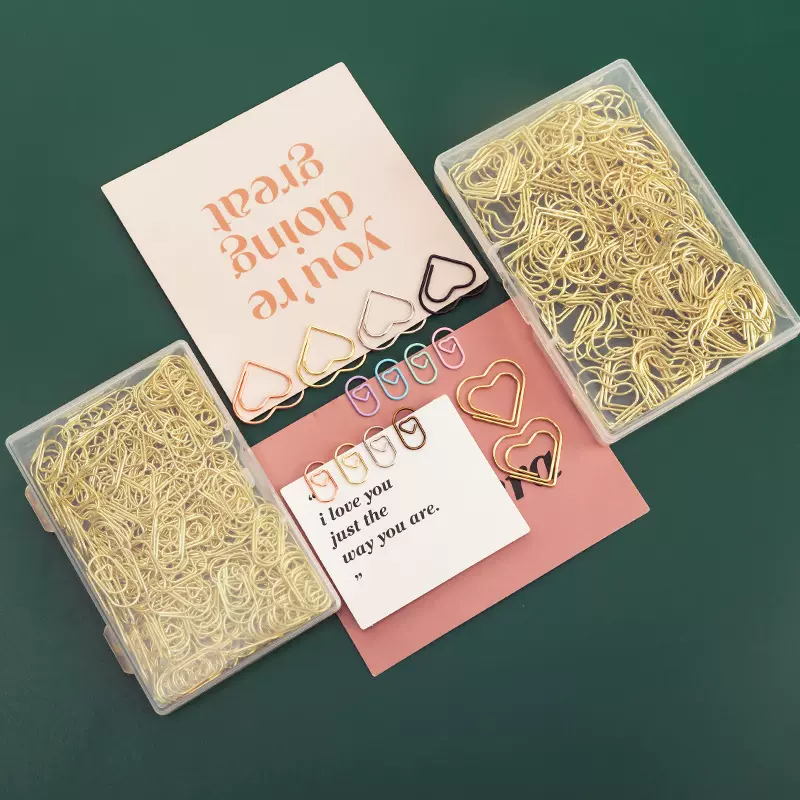 亚马逊爆款爱心回形针盒装创意办公用品迷你心形曲别针水滴回行针