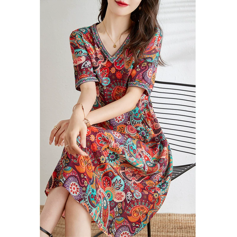 Новое летнее шелковое платье 2025 года для женщин, миди, с коротким рукавом, простое элегантное, из шелка тутового дерева, с цветочным принтом