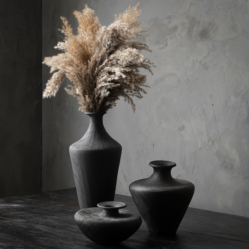 Jingdezhen Zen Retro 수제 세라믹 꽃 꽃병 꽃 배열 블랙 장식 꽃병 호텔 침묵하는 바람 장식품