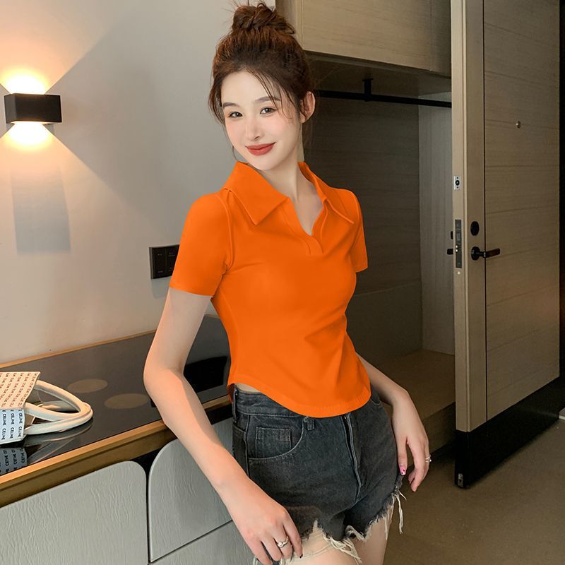 白色polo领短袖T恤女夏季2025新款露脐弧形下摆修身纯欲风上衣潮|undefined