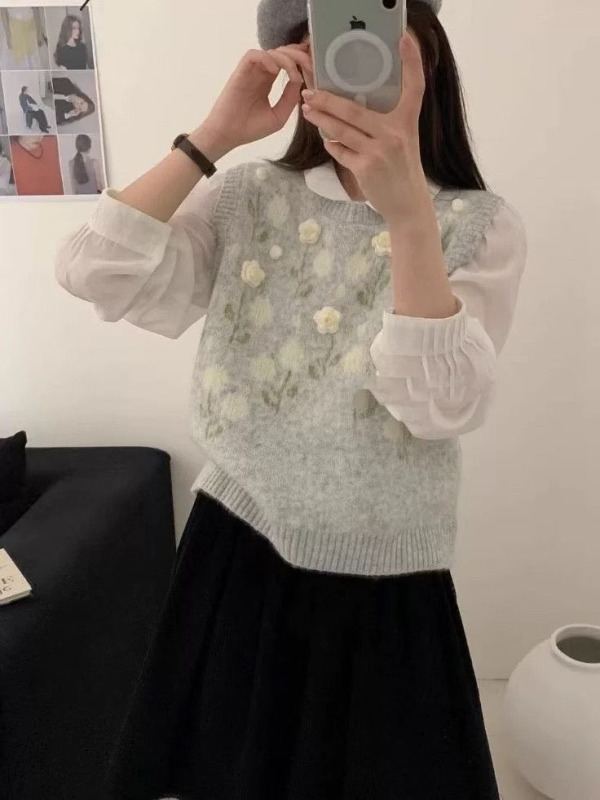 韩系甜美风立体花朵针织马甲背心女秋季新款宽松叠穿百搭毛衣马夹|undefined