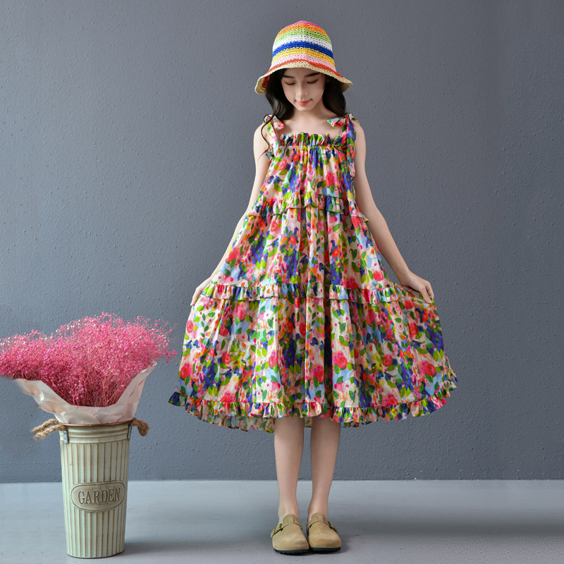 Nueva falda grande para niñas, vestido de flores, falda de tirantes para niñas de verano, 2025, nueva falda de playa para niños de verano