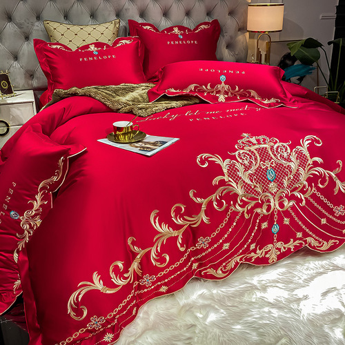 欧式高档刺绣贡缎天丝四件套纯棉床单被套床笠款婚庆床上用品批发