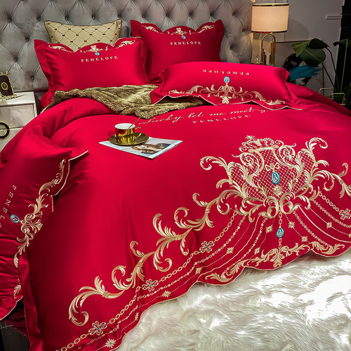 European high-end embroidered silk brocade Tencel four-piece set pure cotton bed sheet and duvet cover bed skirt option wedding celebration bedding wholesale