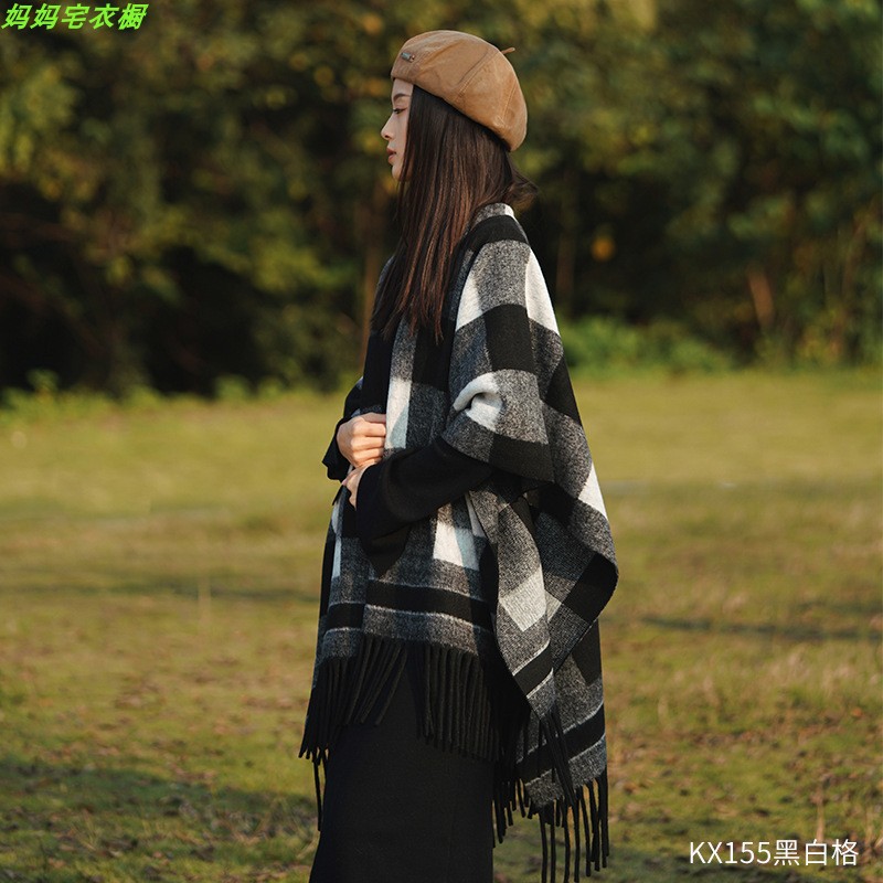 Chaqueta de abrigo de capas de bordas a cuadros franceses de otoño para mujeres con un pequeño chal de lana con una bufalla de abrigo grueso