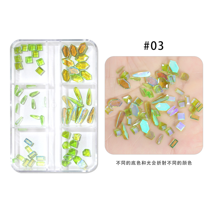 Nail Art Aurora perforación de vidrio 6 grados mezclados fondo plano perforación de forma especial de hielo color fantasma perforación de uñas al por mayor