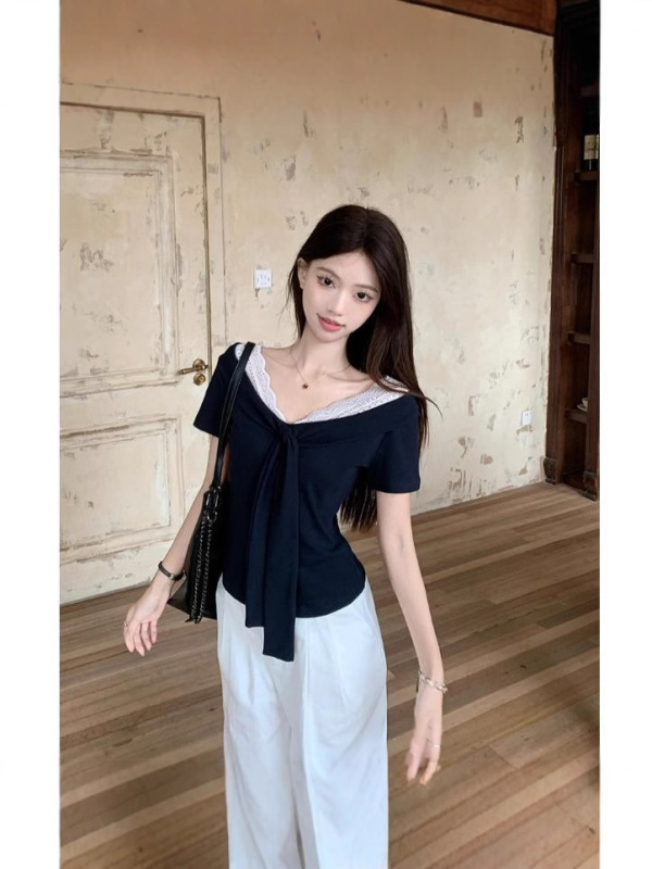 【自家工厂现货】v领蕾丝拼接绑带短袖T恤女夏季正肩撞色修身上衣|undefined