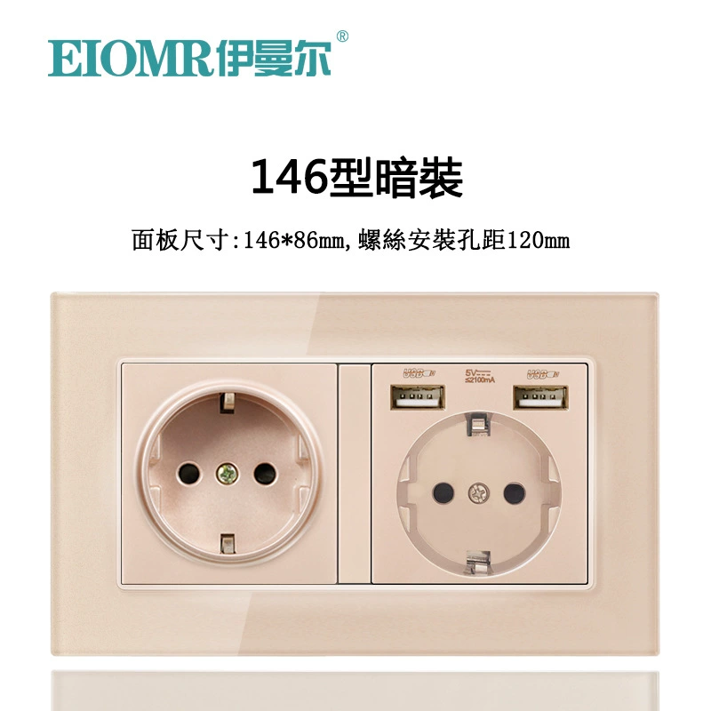 Dual European socket panel 16A, dual USB charging, multiple finishes (German/French, glass/metal)