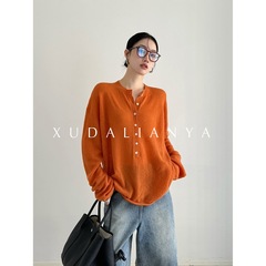 显白南瓜色羊毛针织开衫秋冬韩系慵懒感毛衣外套女
