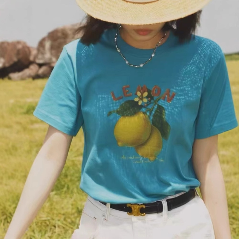 25Ss Spring and Summer Round Neck Retro Mint Green Old Lemon Letter Printed T-Shirt Women's Casual Loose Short-Sleeved Top