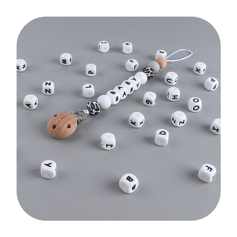12mm bebé suministros 26 silicona inglés cuentas DIY nombre chupete cadena mordedor Accesorios